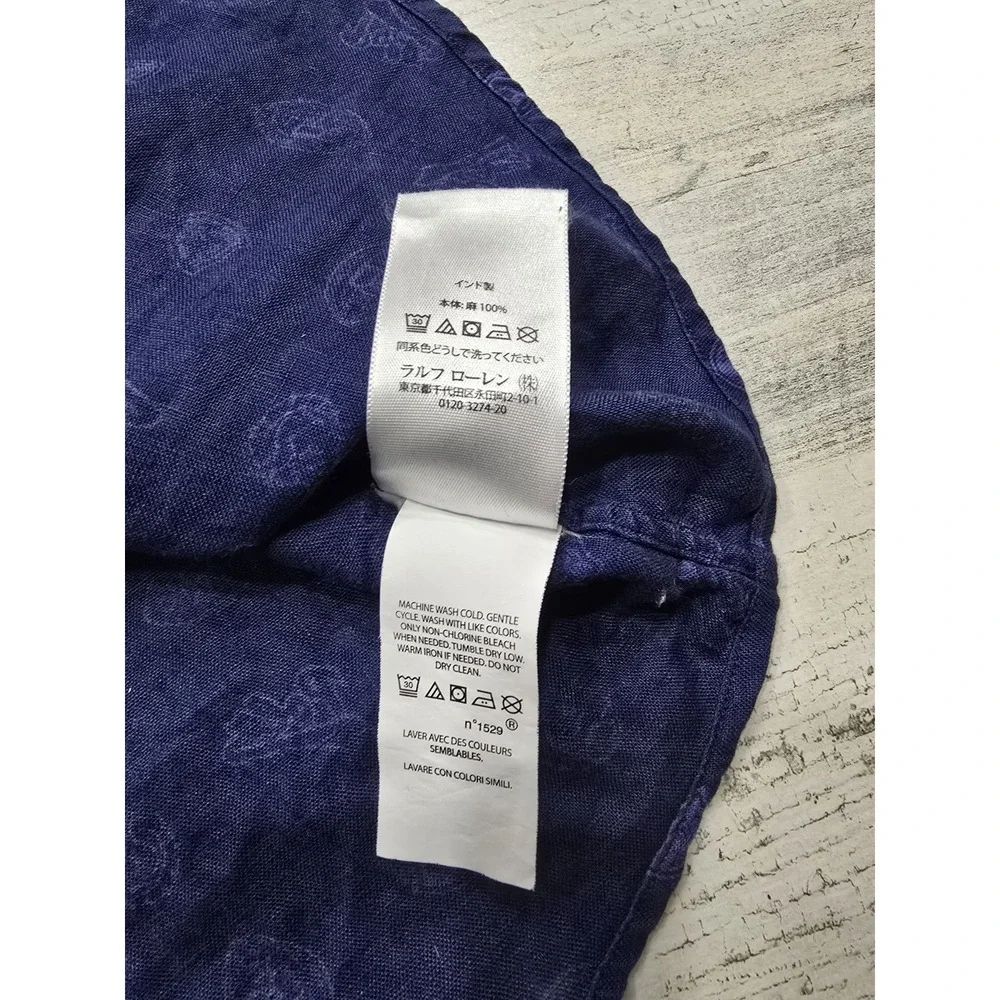Polo Ralph Lauren Mens XL Navy Blue 100% Linen Crest Logo‎ Short Sleeve Shirt